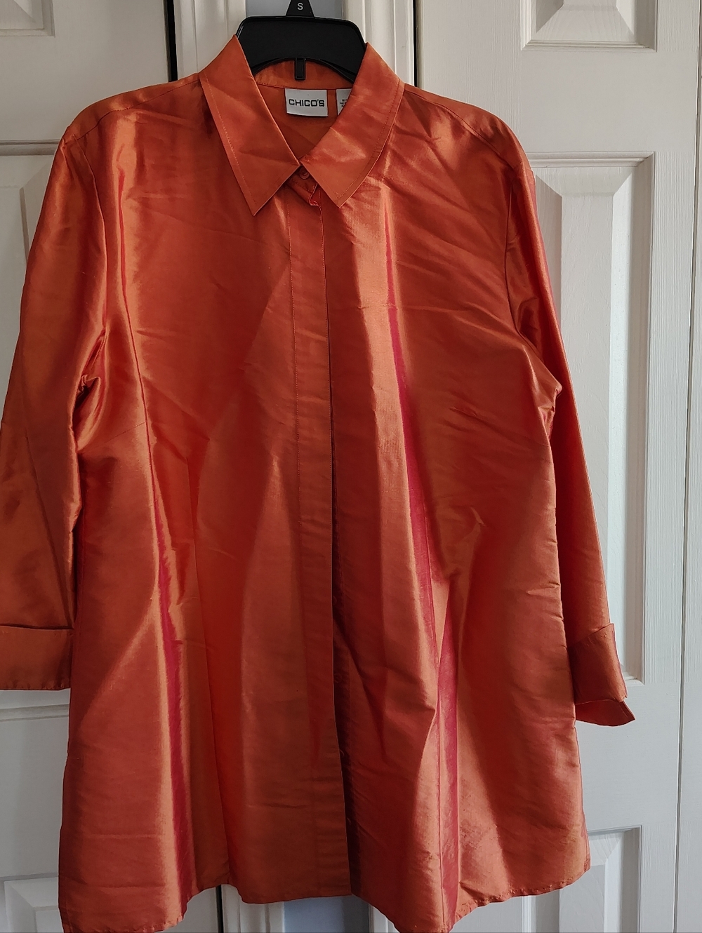 Chico's Silk Iridescent Copper-Orange Button-Down Blouse Tunic Chicos 3 (16)